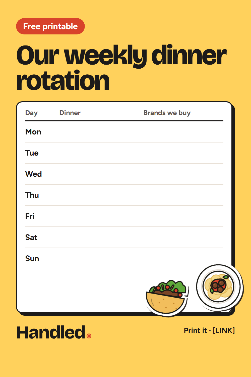 Printable weekly dinner rotation template from Handled.